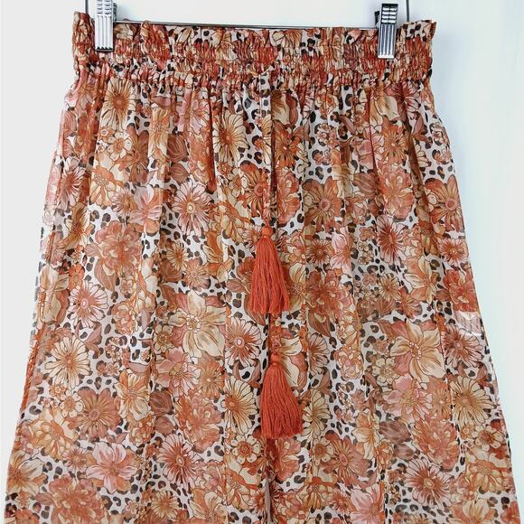 Tularosa SZ S Long Sheer Wide Leg Pants Tassle Tie Daisy Print In Rust Shades - Picture 4 of 8